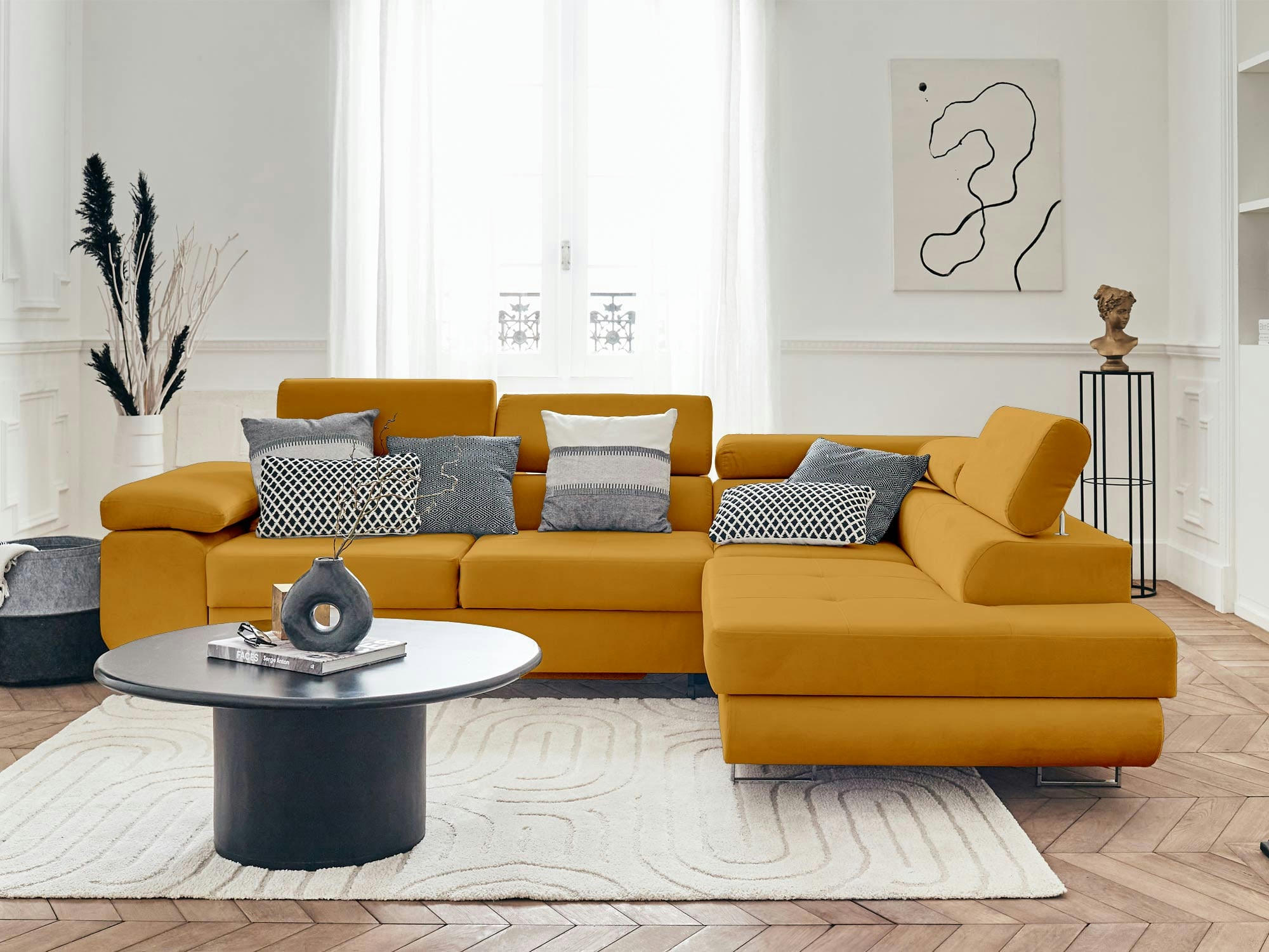 PABLO - Canapé d'angle droit convertible 5 places en velours jaune