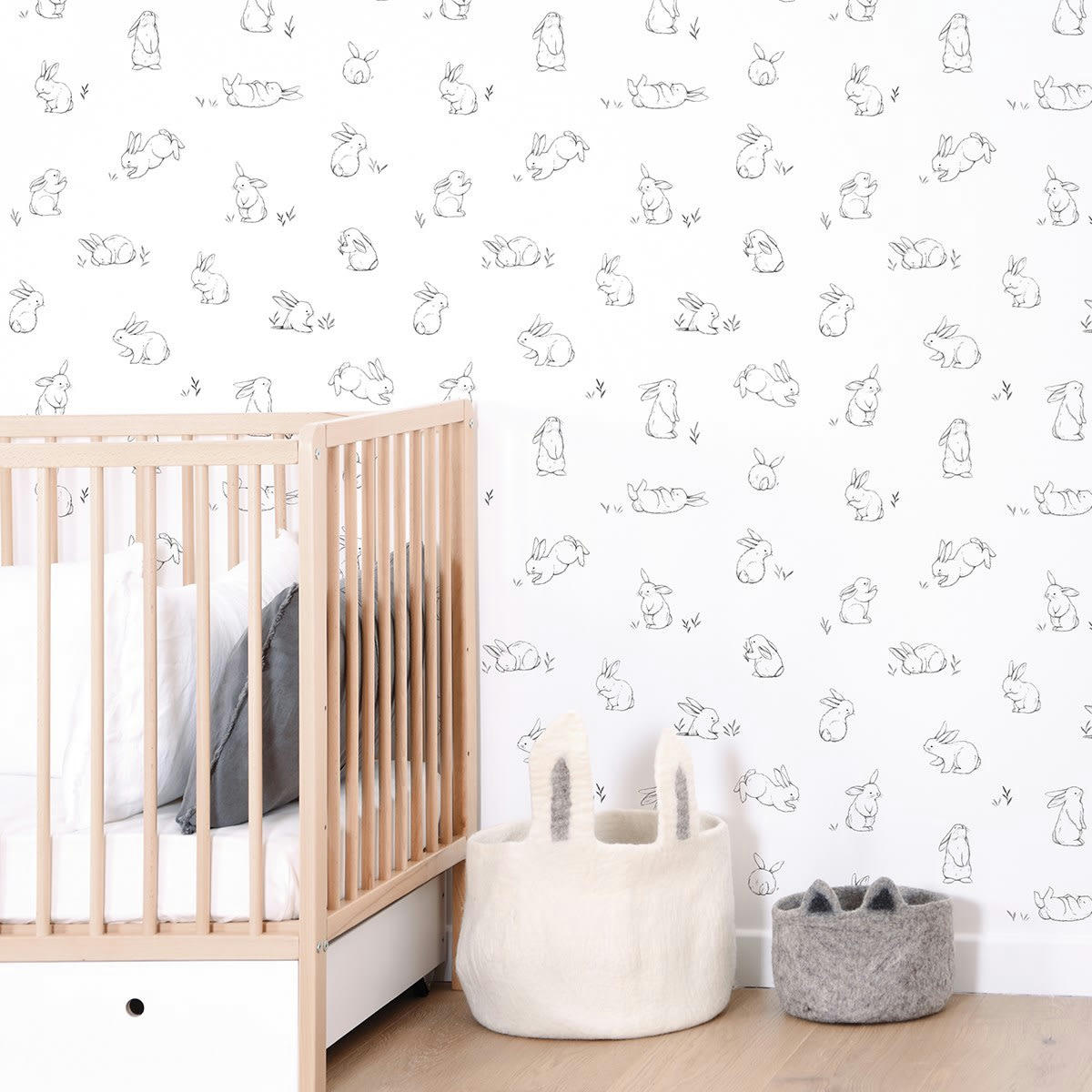 BUNNY - Papier peint lapins en Papier Noir 50cm x 10m