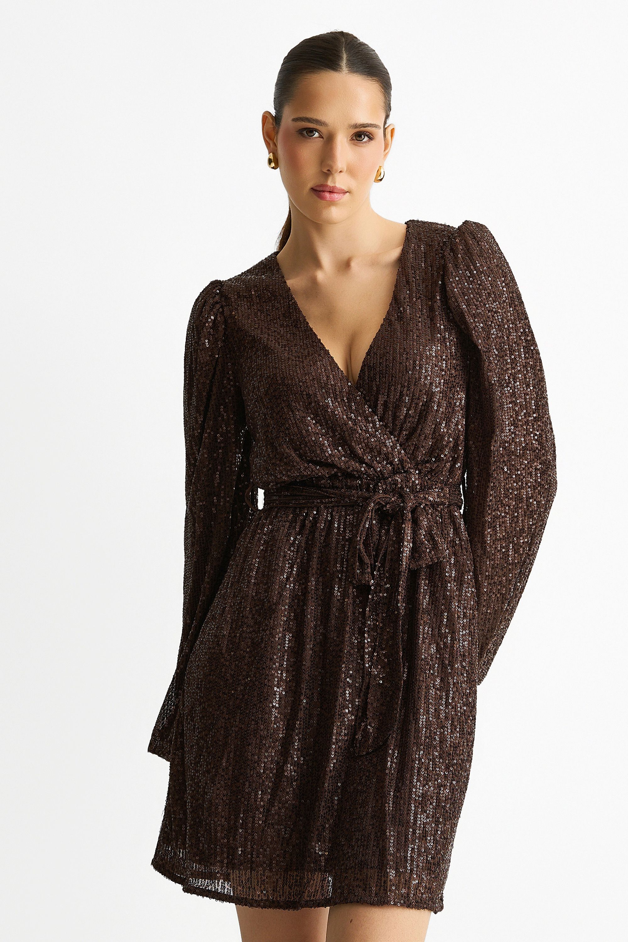 Gini London Chocolate Sequin V Neck Belted Mini Dress