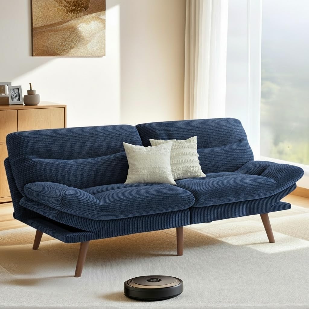 Pipishell Futon Sofa Bed, 66 Inch Corduroy Futon Couch Convertible with Adjustable Backrest and Armrests, Recliner Sleeper Sofa for Small Spaces, Living Room, Office, Guest Room (Blue, 66 Inch)