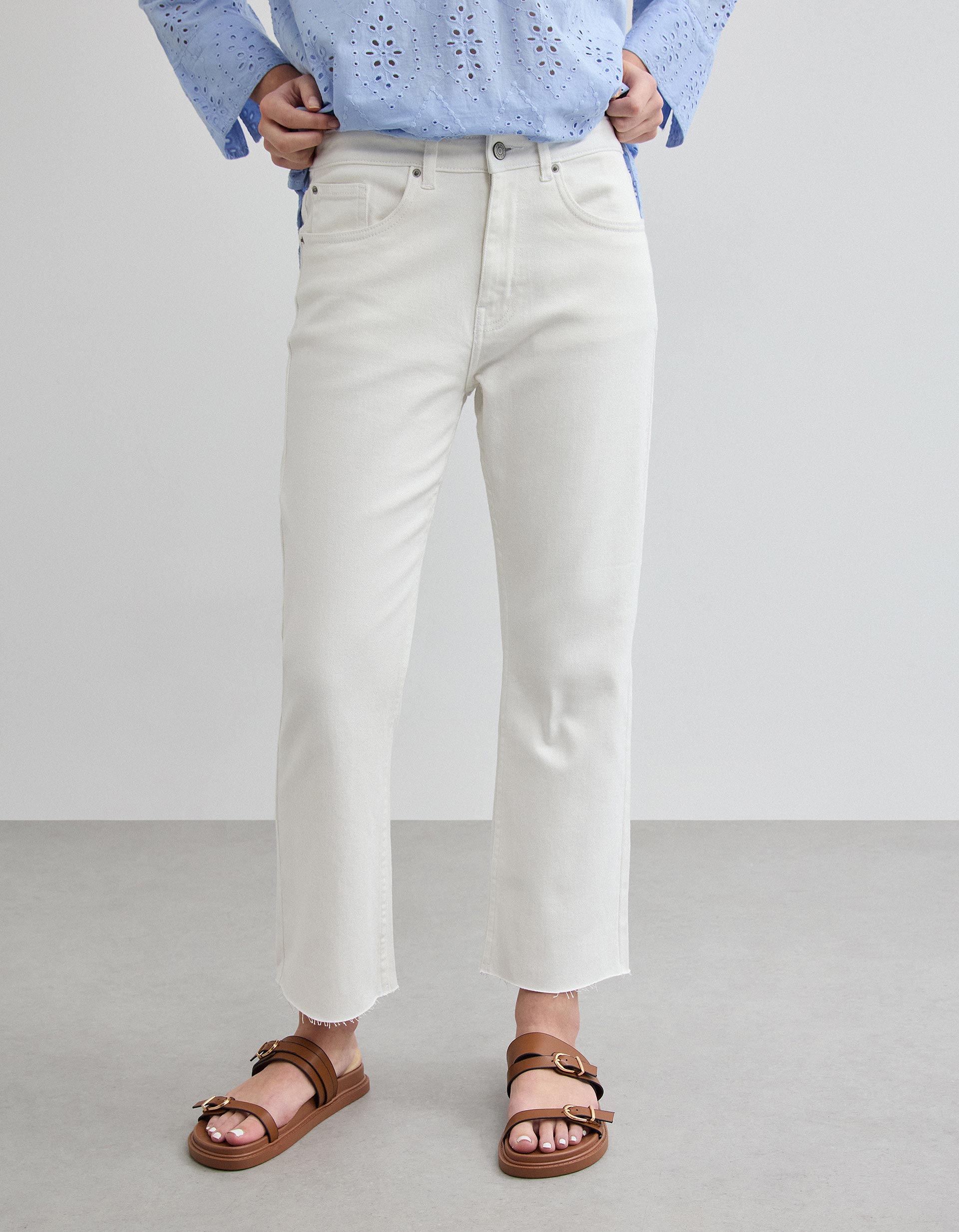 Calças de Ganga 'Straight Cropped', Mulher, Branco