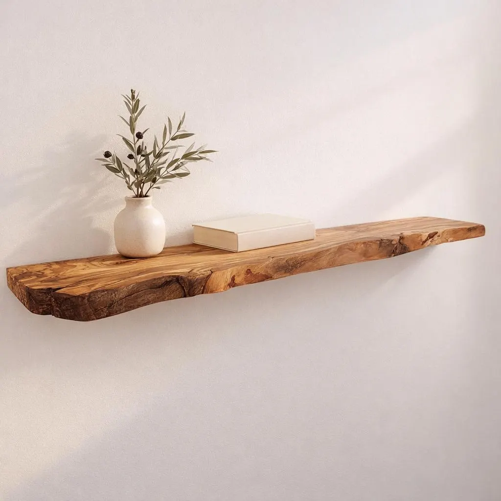 Live Edge Olive Wood Floating Shelf, Custom Wood Shelves, Handmade Reclaimed Wooden, Rustic Bathroom Shelves with Bracket, Long Book Shelves