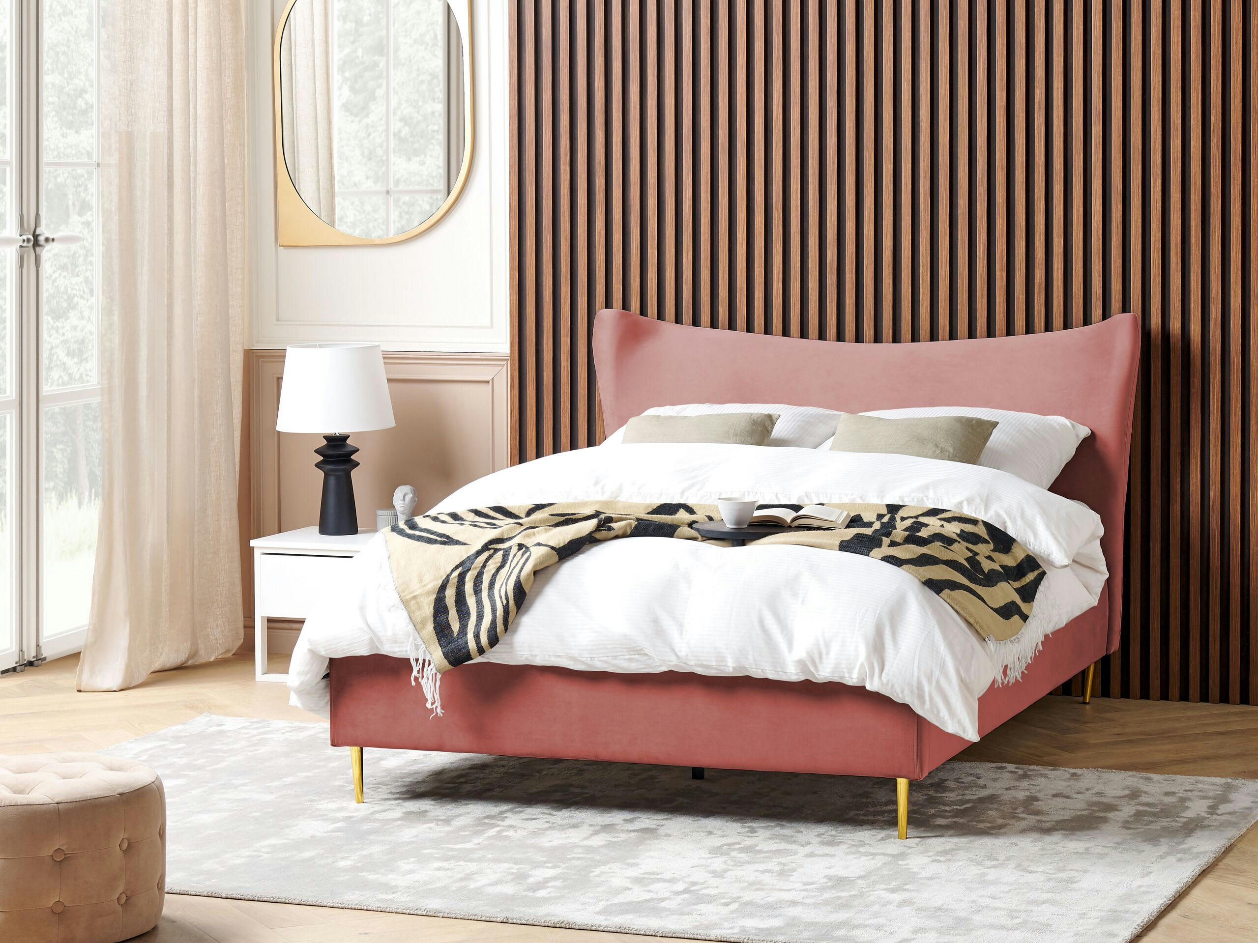 CHALEIX - Lit double en tissu rose 140x200