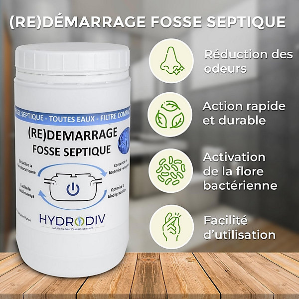 Démarrage redémarrage fosse septique, toutes eaux, filtre compact, aux bactéries et enzymes, monodose 1 kg