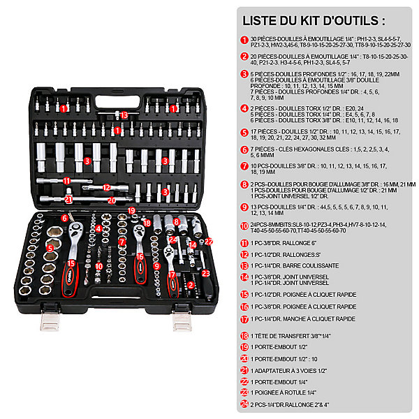 Boîte à outils avec douilles et forets, 172 pièces