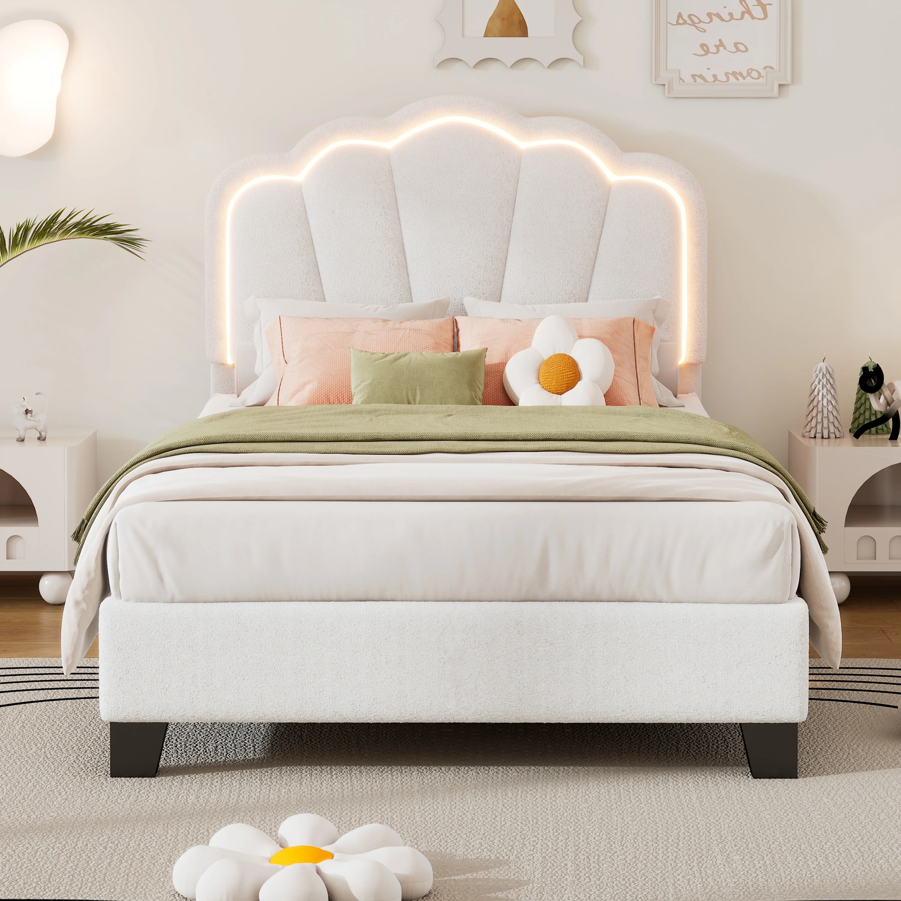 Twin Upholstered Bed with Flower-Inspired Headboard, Adjustable LED Lighting and Sherpa Fabric