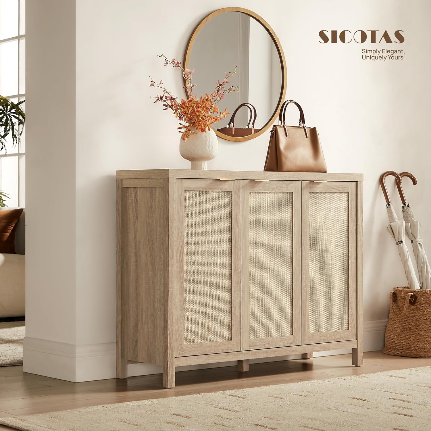 SICOTAS Rattan Buffet Cabinet with Storage 43.5 Sideboard Cabinet with 3 Doors & Adjustable Shelves Wood Sideboard Credenza Storage Cabinets for Entryway Living Room Reclaimed Light Oak