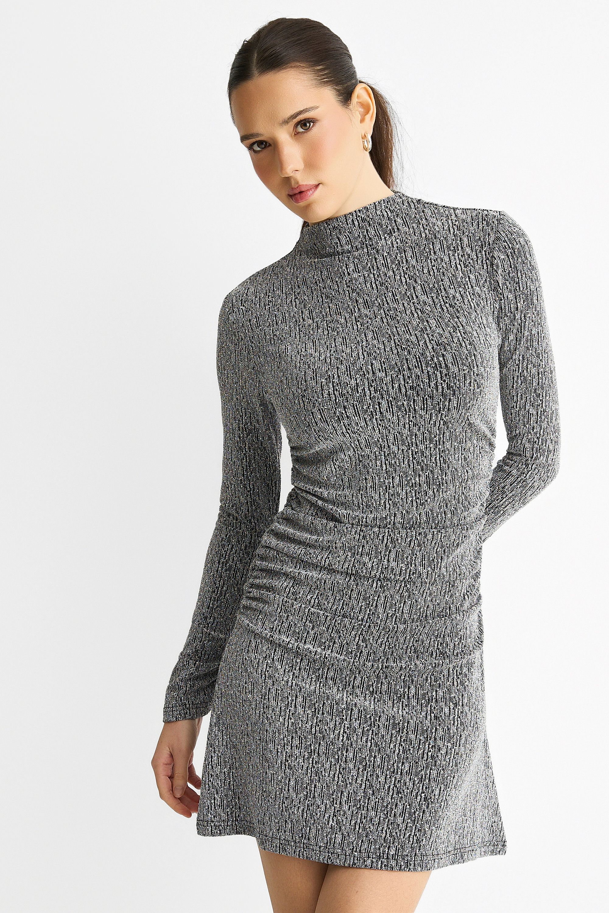 Gini London Grey High Neck Stud Hot Fix Stretchy Mini Dress