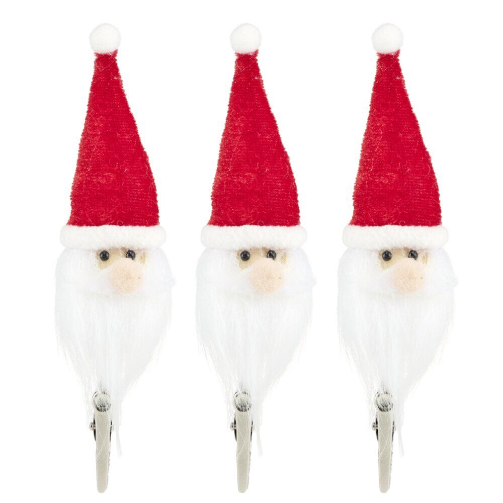 Tête de Père No&euml;l à clipser x3 feutrine rouge et blanc H15cm