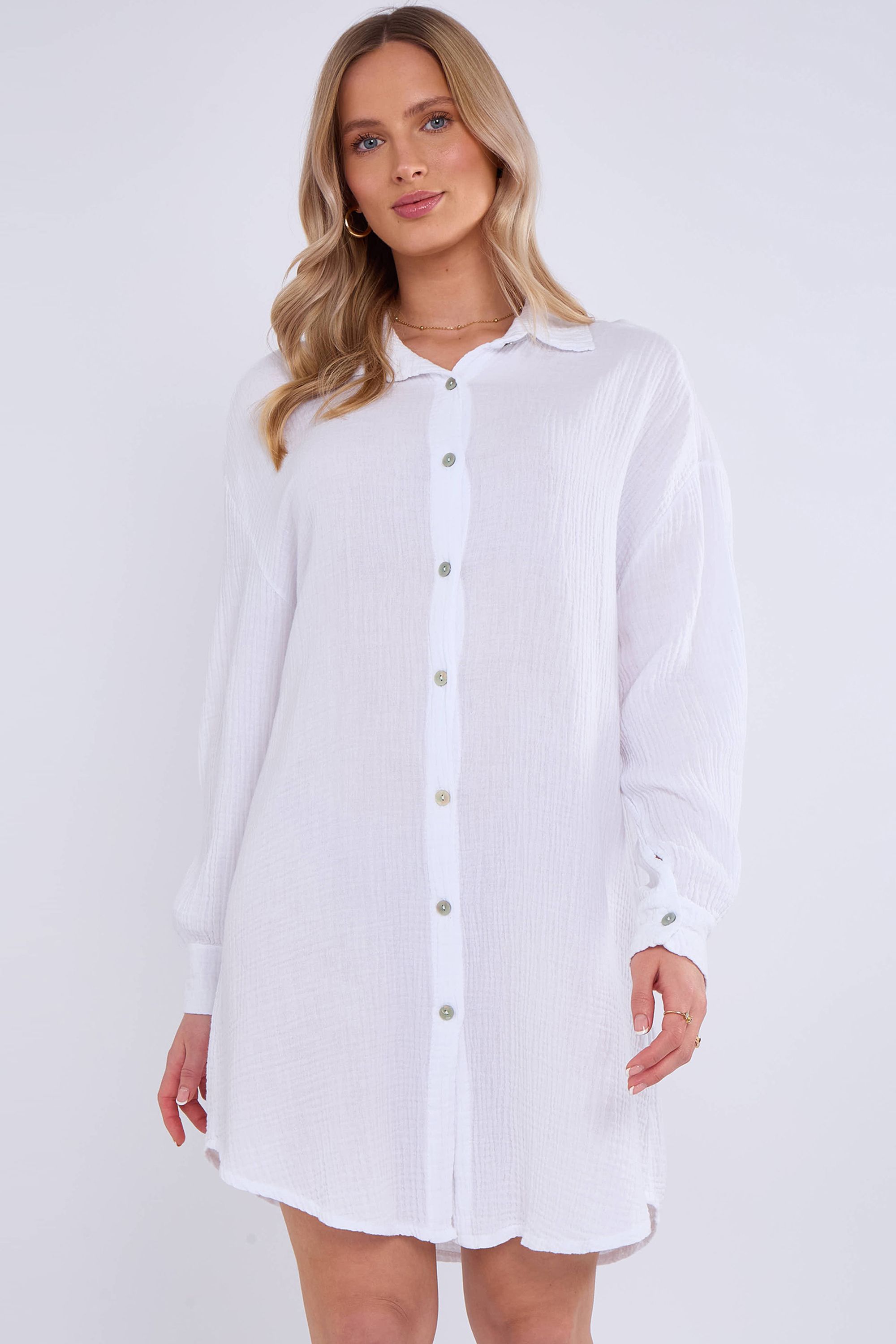 Gini London White Cotton Textured Oversized Long Shirt