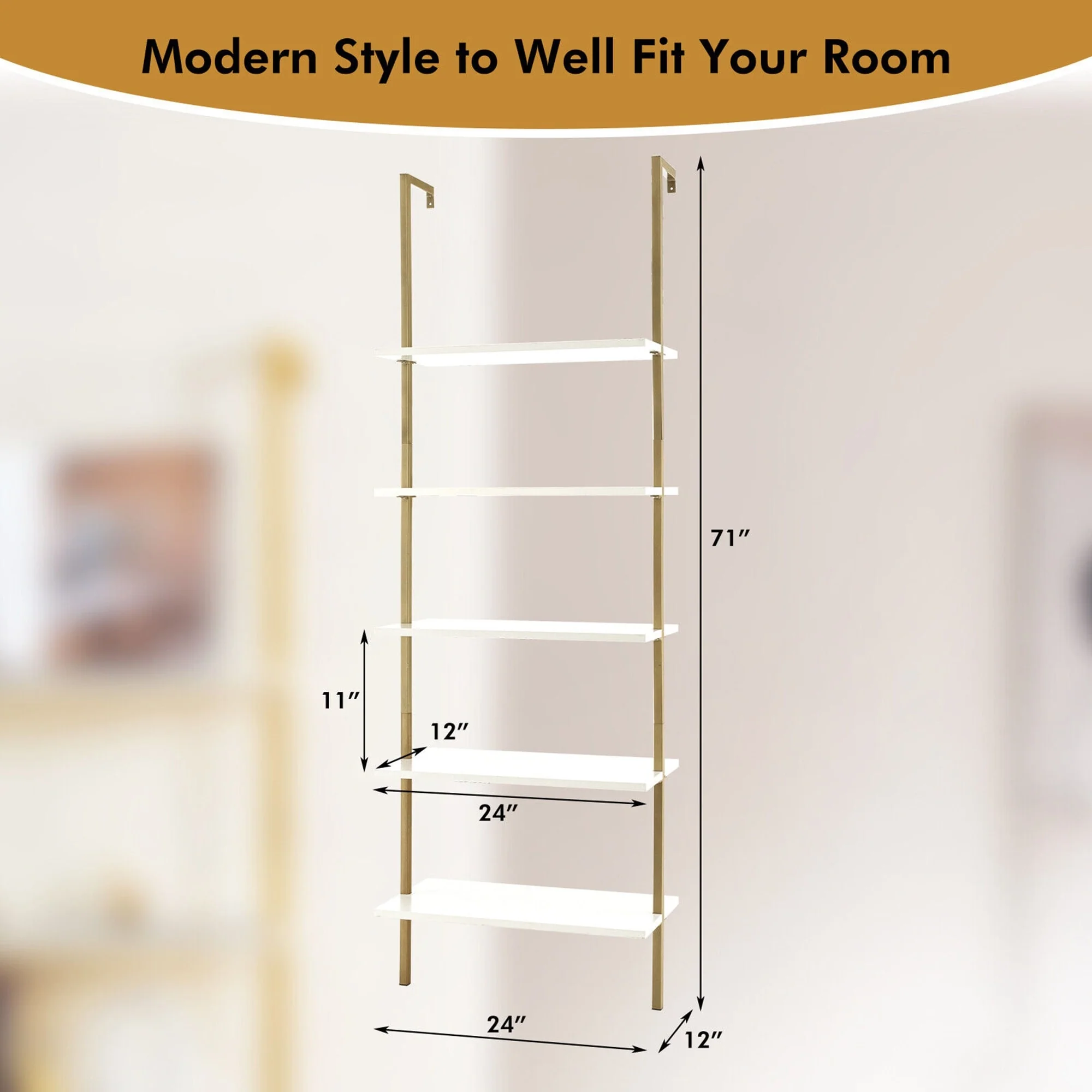 Gymax 5 Tier Ladder Shelf 71'' Open Wall-Mounted Bookcase with Golden