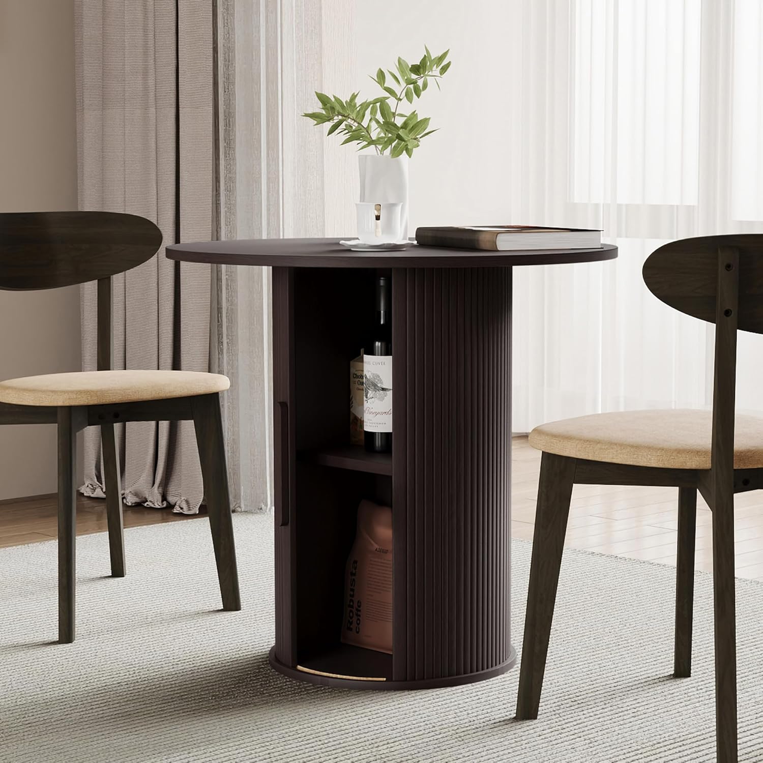 31.5 Round Dining Table for 2-4, Modern Kitchen Table with 2-Tier Storage Shelf, Small Wooden Circle Dining Tables with Fluted Base for Home Dining Room Living Room (Blackened Brown)