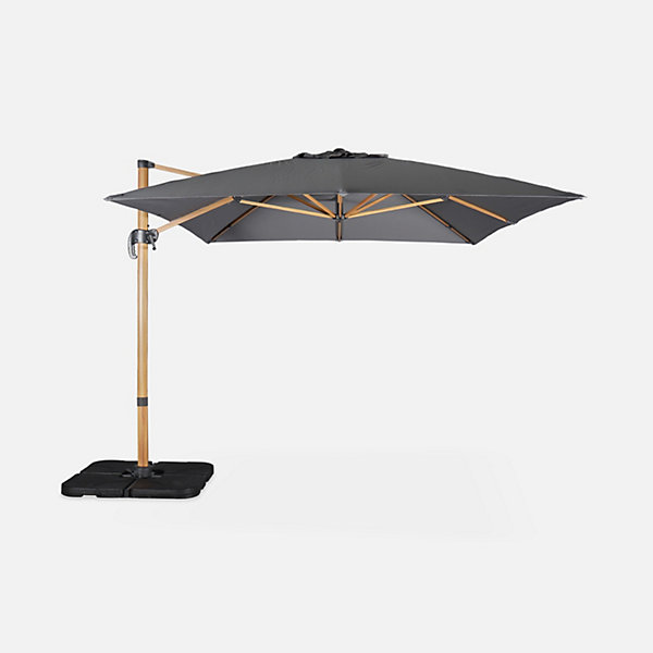 Parasol déporté rectangulaire gris 3x4m. mât effet bois   Dalles à lester 50x50cm