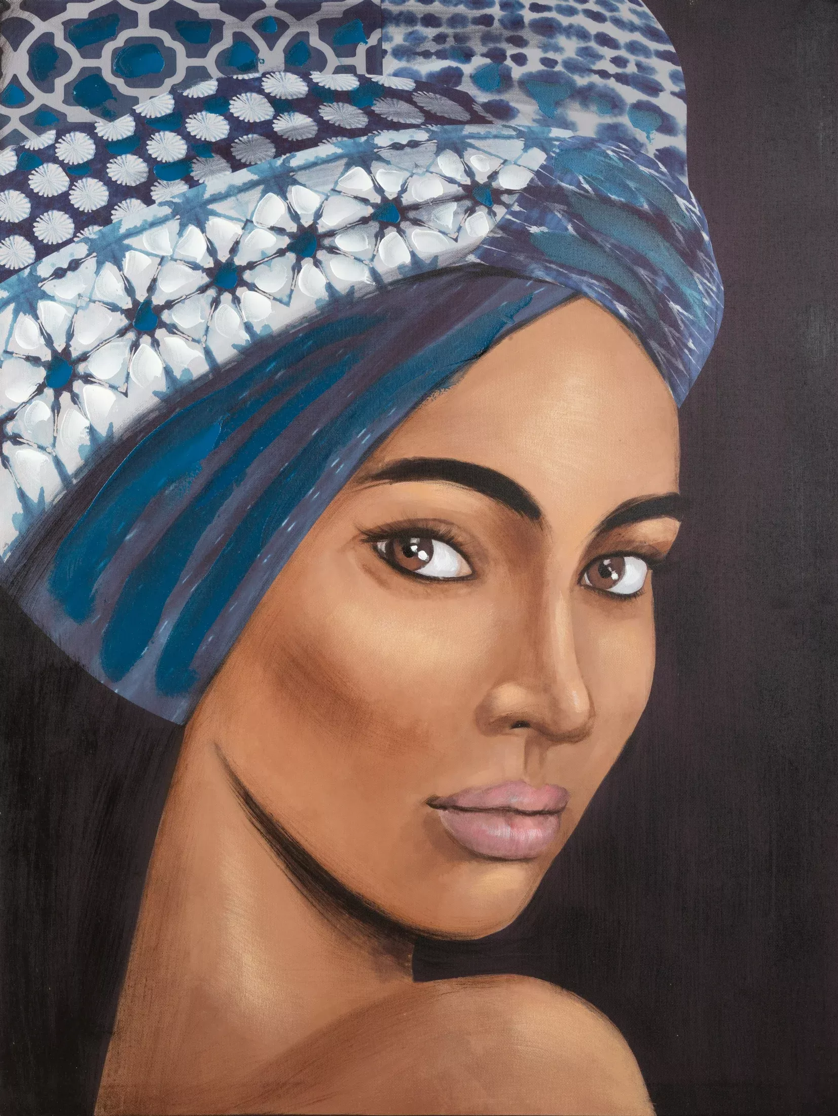 Obraz postaci niebiesko, jasnobrązowy ręcznie malowany na płótnie 60x80 cm