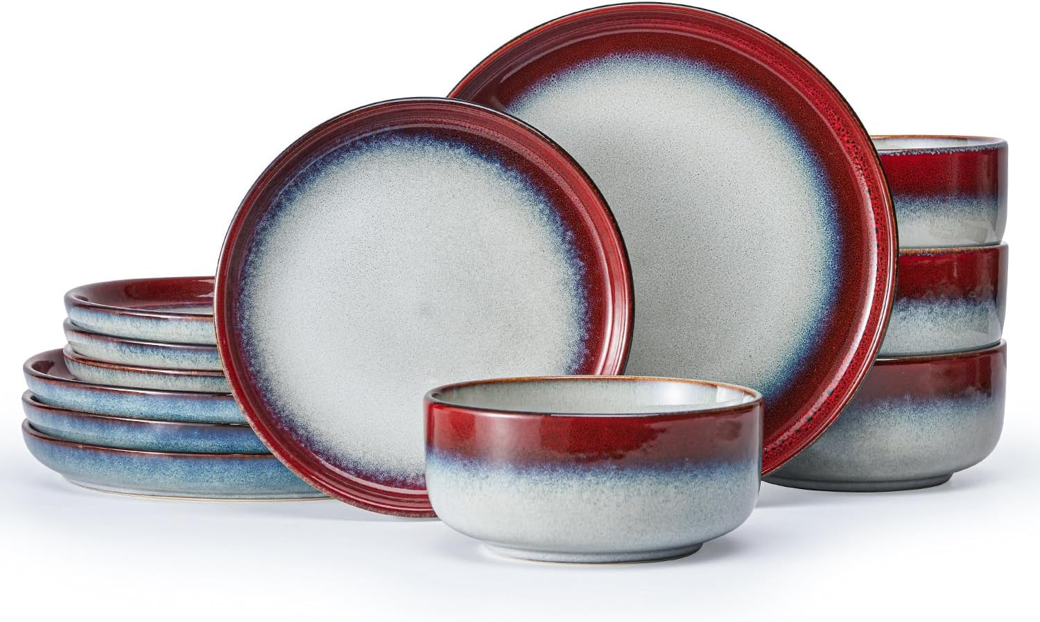 KINGSTONE Stoneware Dinnerware Sets for 4, 12-Piece Reactive Glaze Plates and Bowls Sets, Scratch-Resistant Rustic Ceramic Dish Set for Home Kitchen, Microwave and Dishwasher Safe, Kiln-Fired Red