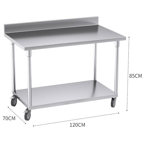 SOGA Commercial Stainless Steel Prep Bench with Backsplash & Casters 120cm