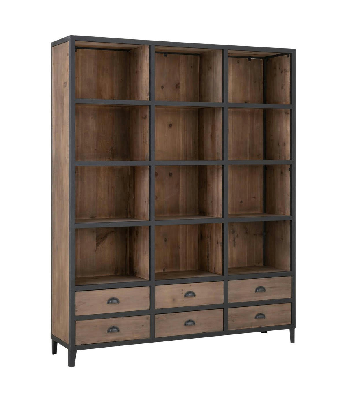 - Bibliothèque avec 12 cases et 6 tiroirs en bois et métal noir