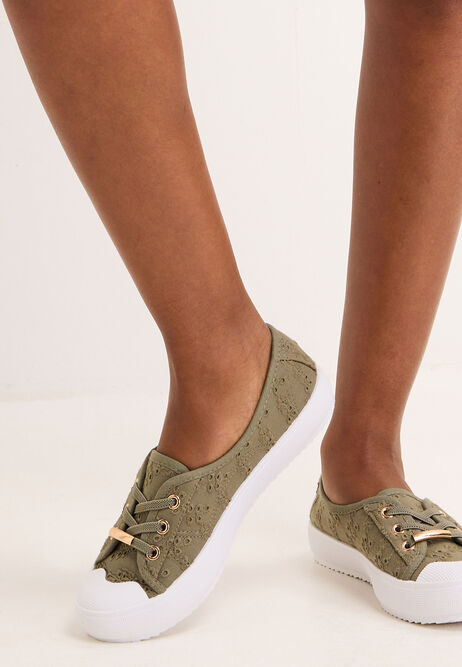 Womens Green Embroidered Slip On Trainers