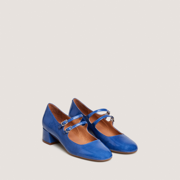 Babies à doubles bridesen vernis plissé bleu acier | DUNY