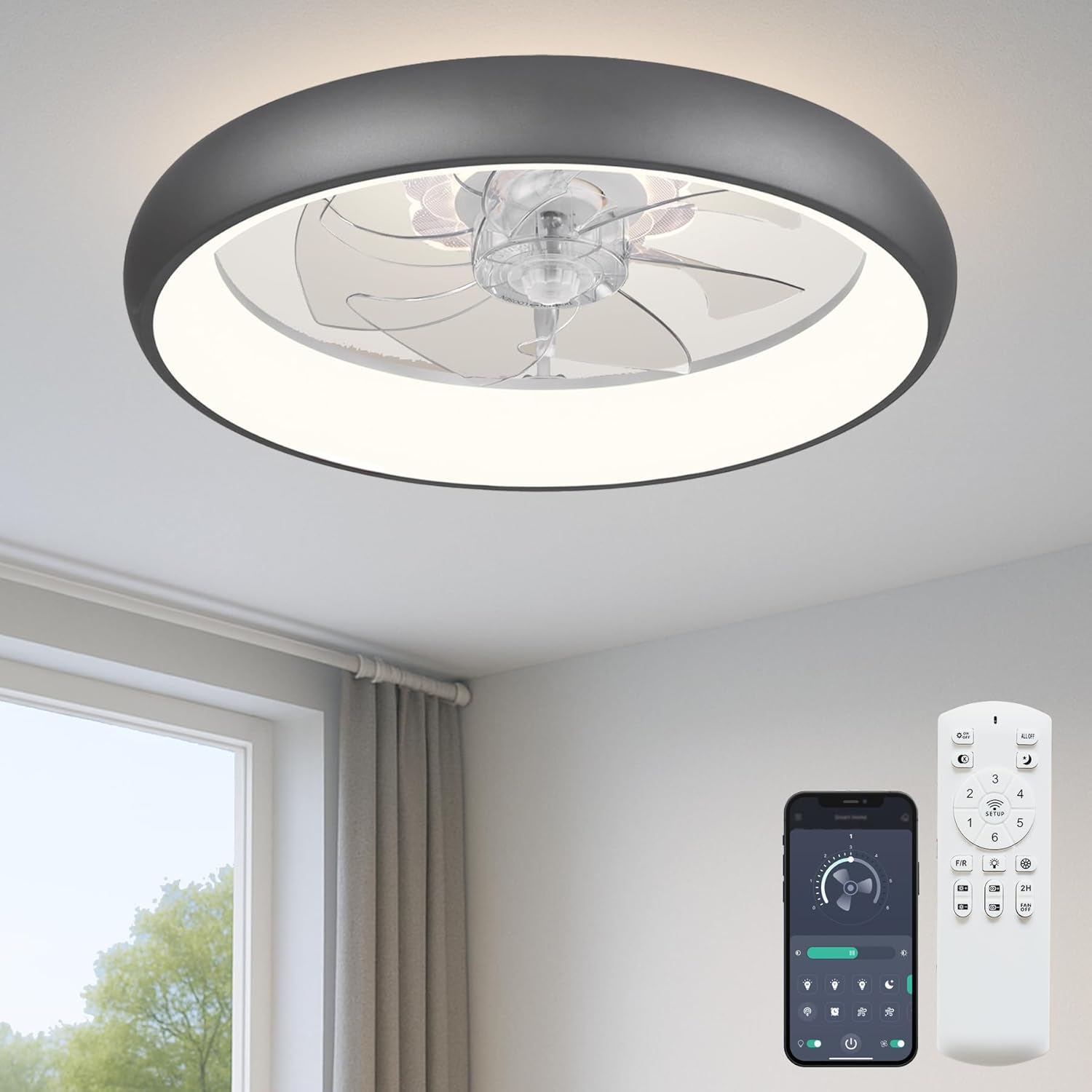 Fszdorj 20'' Ceiling Fan with Light, Upgraded Low Profile Fan, Flush Mount Ceiling Fan, 6 Speeds, Dimmable LED, App & Remote Control, Quiet DC Motor, for Bedroom, Living Room, F109 Grey