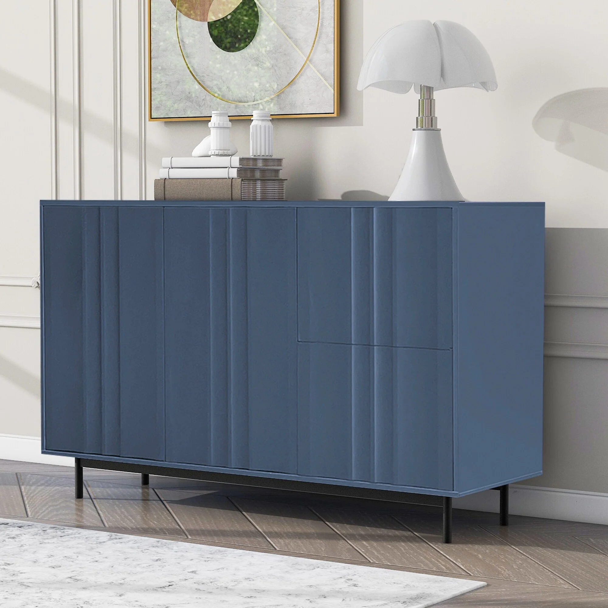 Storage Cabinet Entryway Cabinets with 2 Drawers and 2 Door Wave Pattern, Sideboard with Metal Legs and Adjustable Shelves