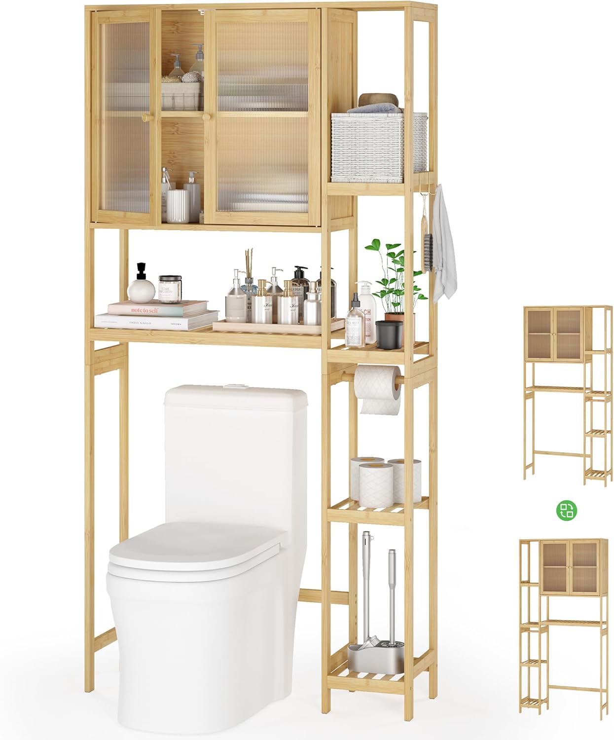 Over the Toilet Storage Cabinet Above Toilet Bathroom Organizer with Toilet Paper Holder Stand Bath Organizer with Adjustable Shelves & Acrylic Doors,Anti-Tip Device (Nature)