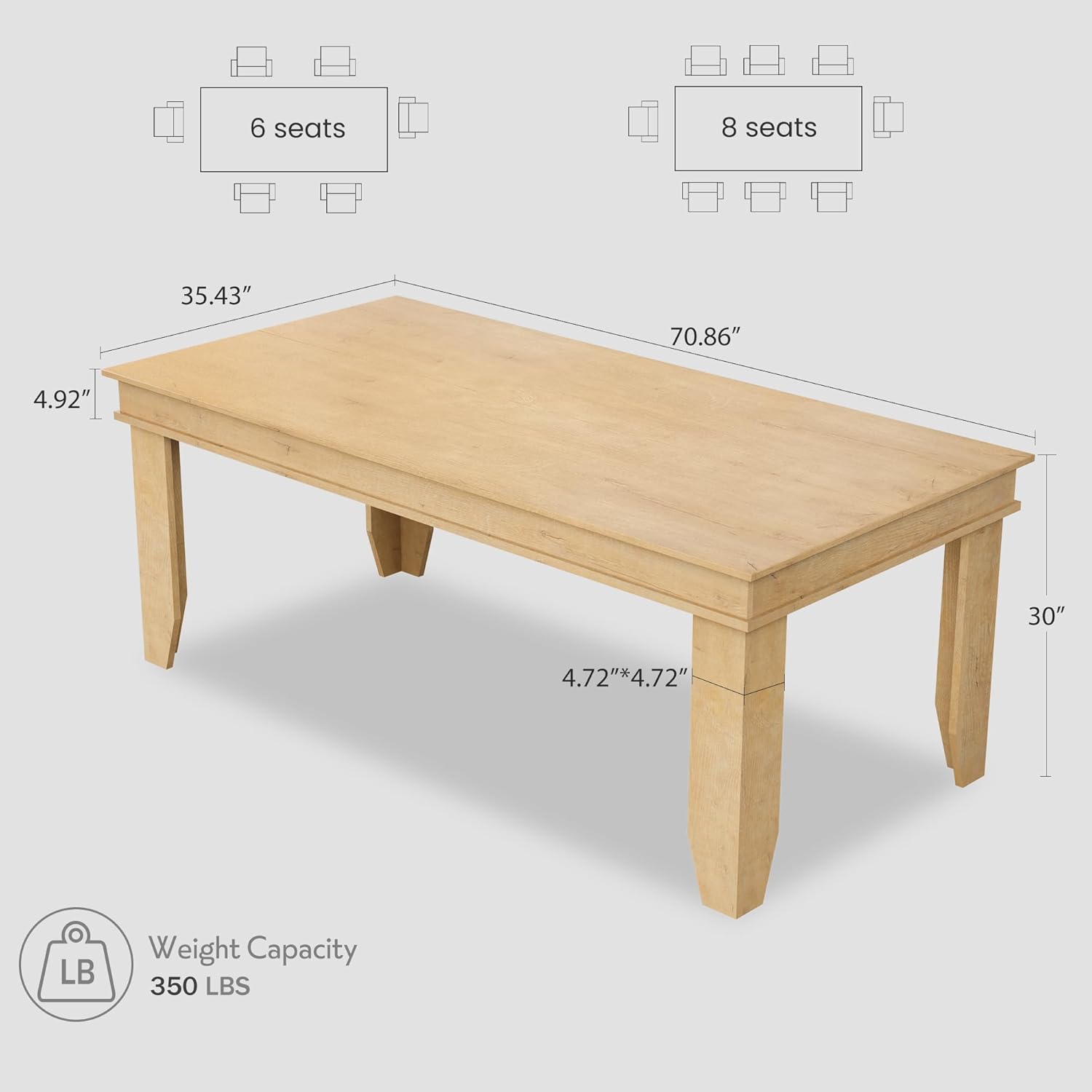 GarveeHome Farmhouse Dining Table for 6-8 People, 71 in Long Kitchen Tables with Wooden Sturdy Frame, 6 ft Large Rectangular Dinner Table for Dining Room, Kitchen (Natural, 71 Non-extendable)