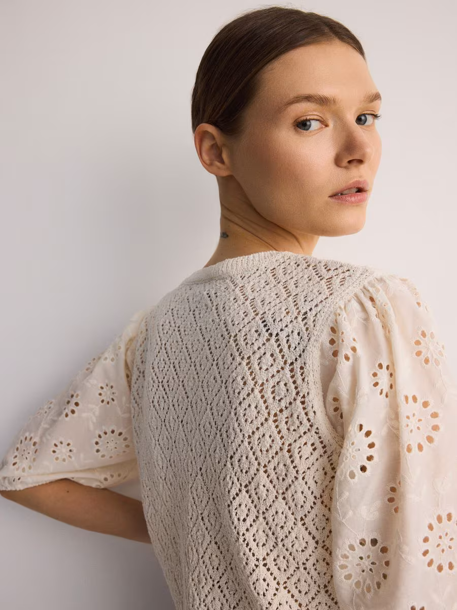 Knitted Fabric Blouse With Broderie Anglaise Detailing