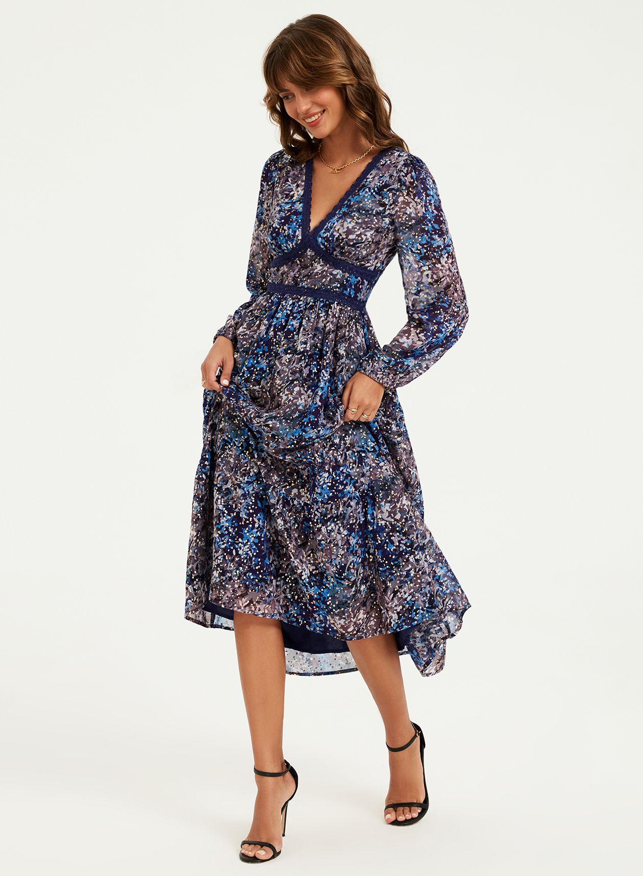 FS Collection Gold Foil Abstract Print Long Sleeve Midi Dress In Navy
