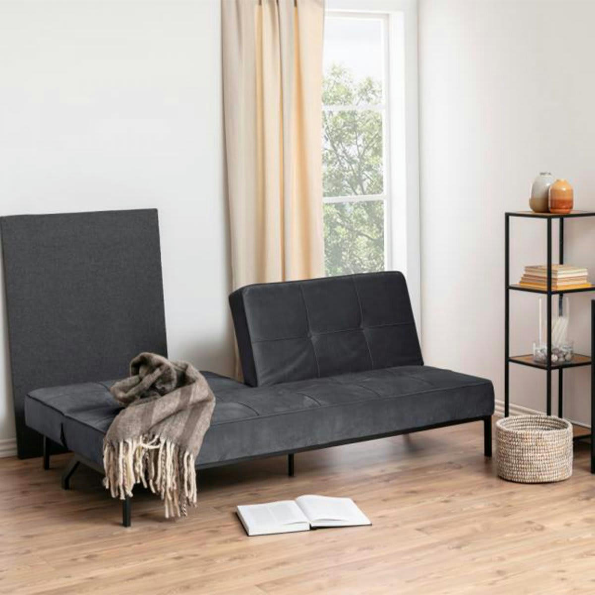 PERUKIA - Canapé convertible en velours matelassé gris