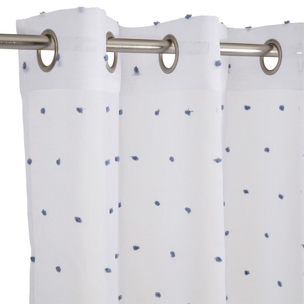 Voilage blanc avec pompons bleus 100% polyester 140x240cm