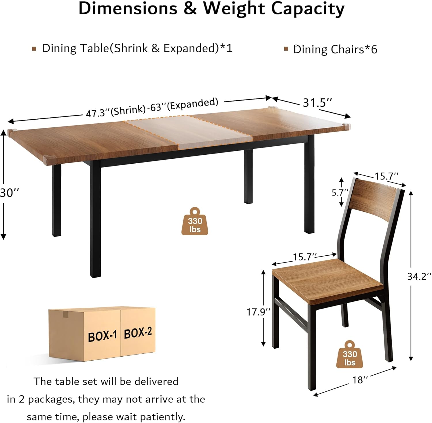 iPormis 7-Piece Dining Table Set with 6 Chairs, 63 Extendable Kitchen Table & Chairs Set for 4-6, Dining RoomTable with Solid Metal Frame & MDF Board, Perfect for Small Space, Easy Assembly, Walnut