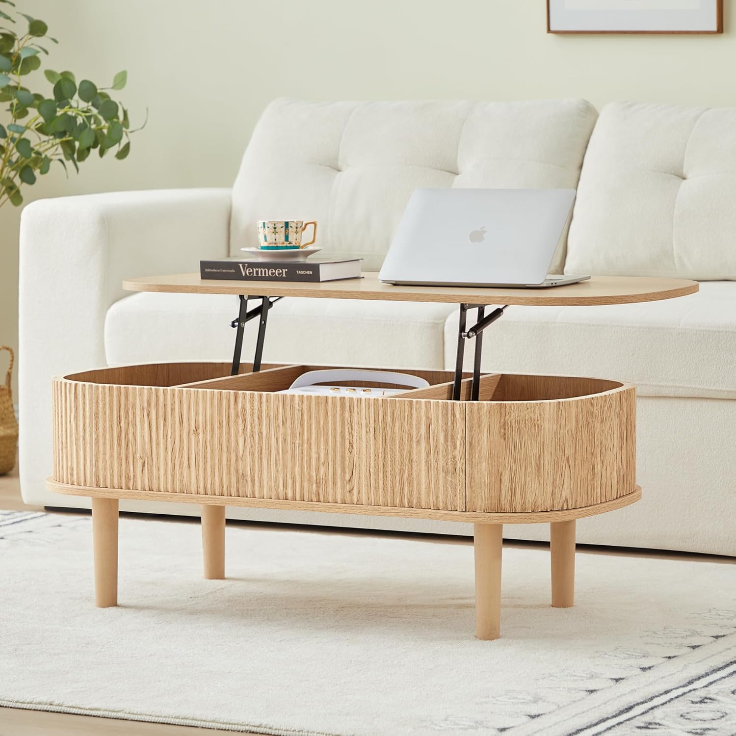 Fluted Lift Top Coffee Table with Hidden Compartment, Fully Assembled Wooden Center Table, Modern Oval Lift Tabletop for Home Living Room Office, Natural