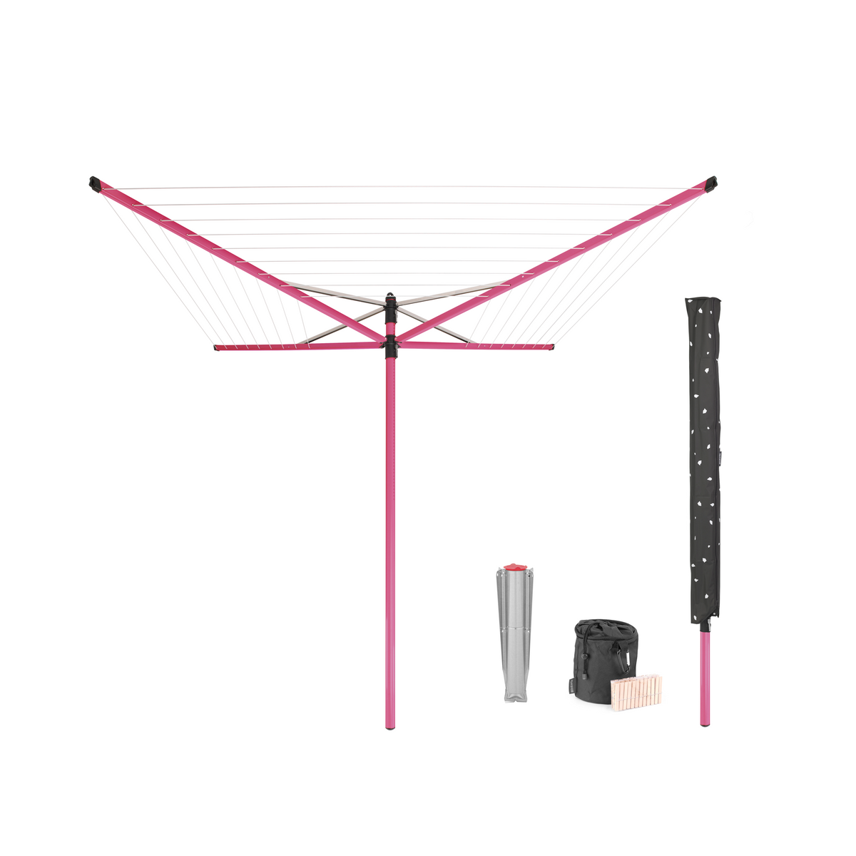 Brabantia Droogmolen Lift-O-Matic, 50 meter met metalen grondanker, doorsnede 45 mm, beschermhoes, wasknijpertasje en wasknijpers - Spring Pink