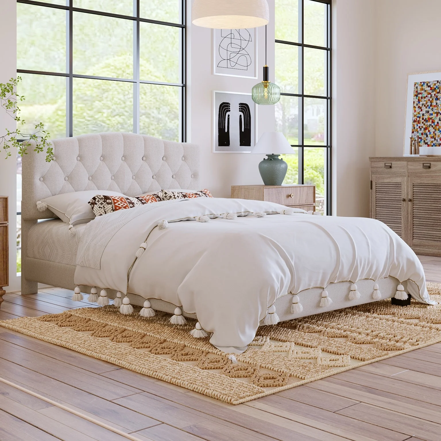 Upholstered Platform Bed with Saddle Curved Headboard and Diamond Tufted Details