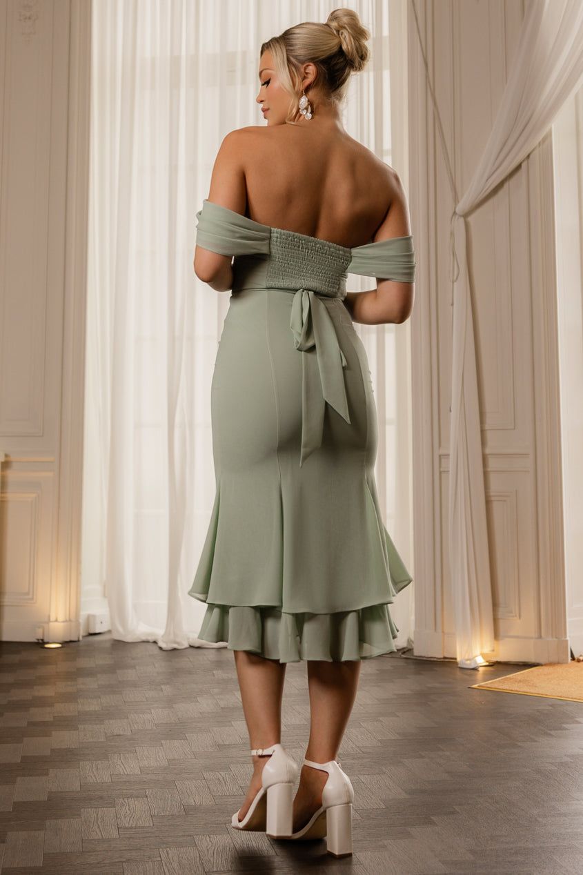 Goddiva Chiffon Cowl Off Shoulder Wing Tiered Midi Dress