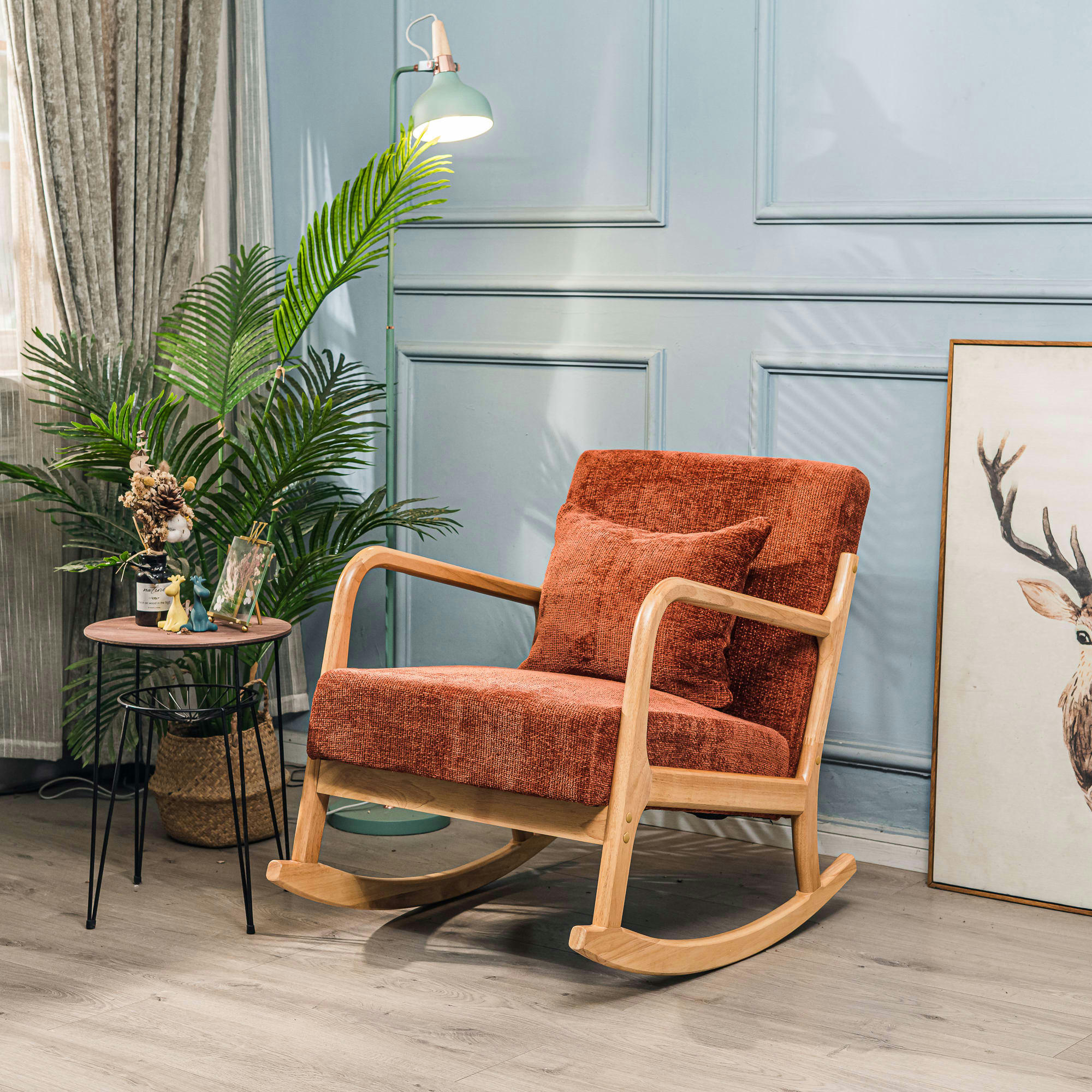 - Rocking chair en bois massif et tissu terracotta