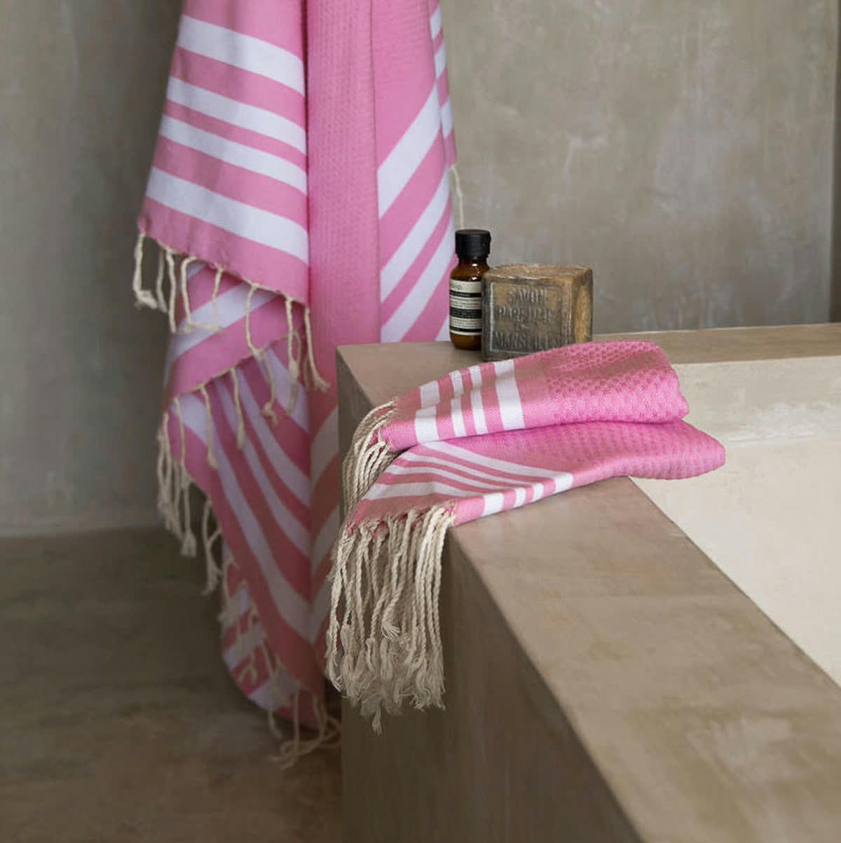 HAMPTONS - Set bain, 1 fouta + 2 serviettes coton  100x200 rose malabar