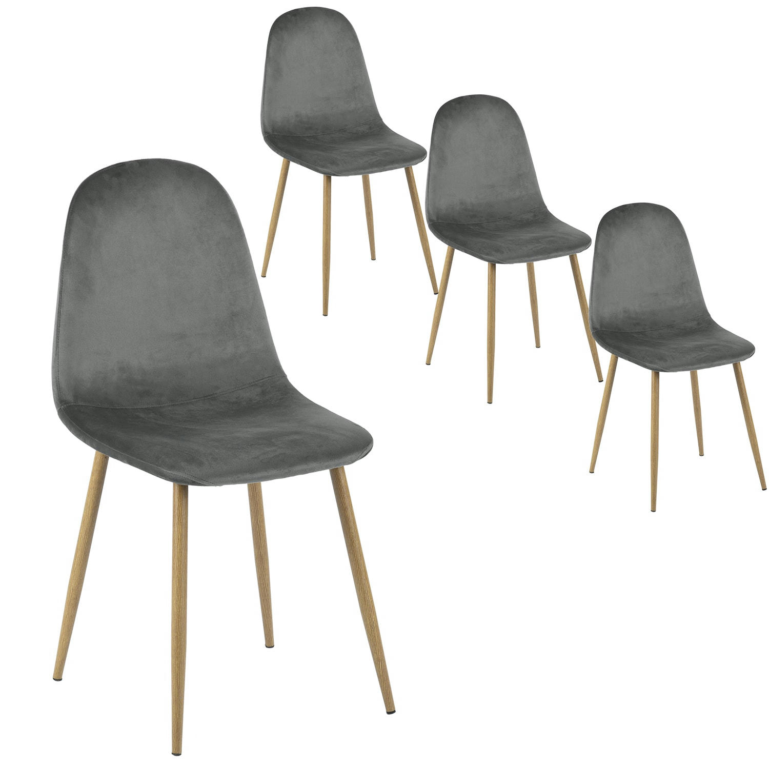 GRIS - Lot de 4 chaises scandinaves velours gris pied effet bois