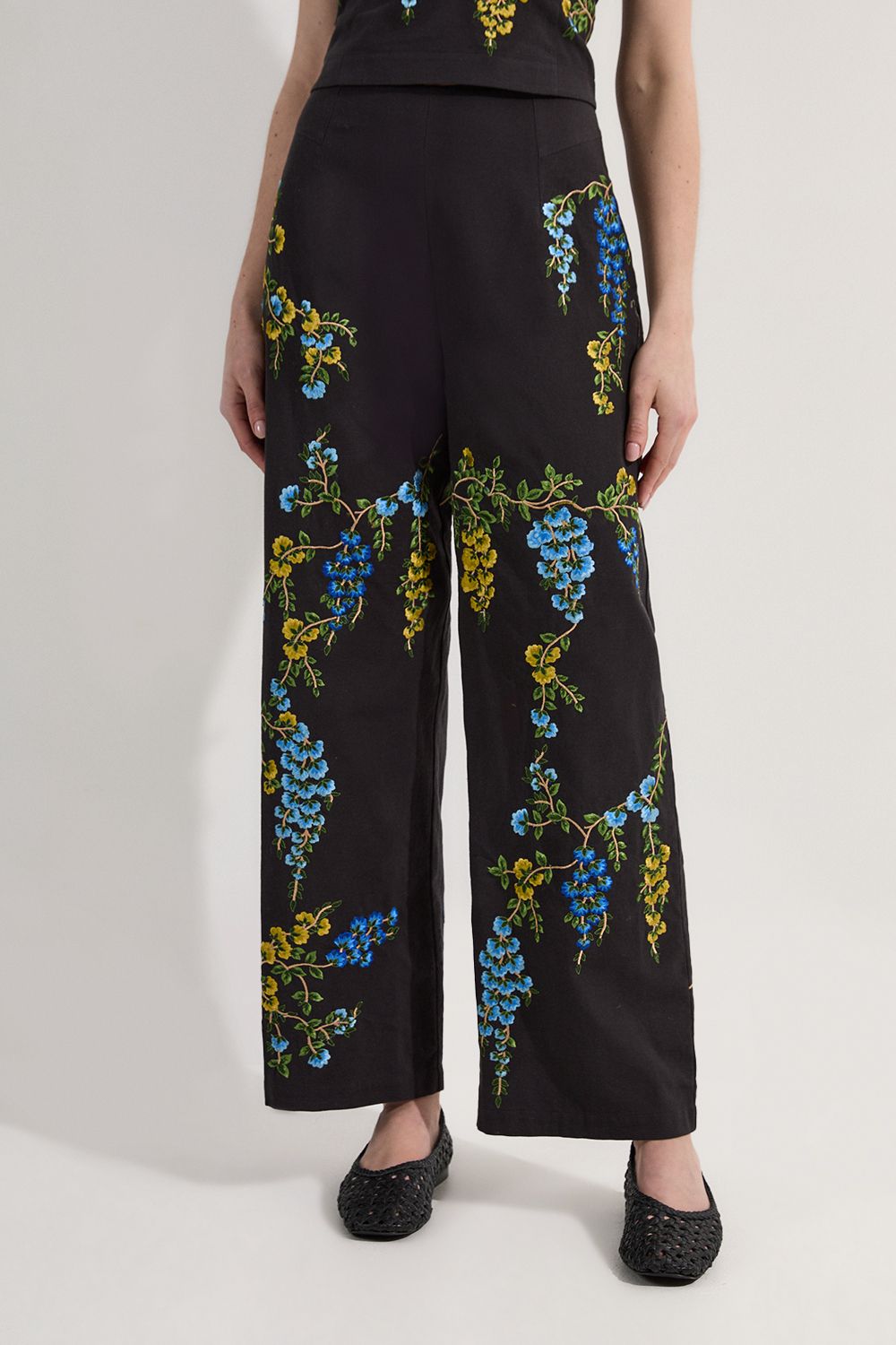 KarenMillen Floral Embroidered Cotton Linen Woven Wide Leg Trousers