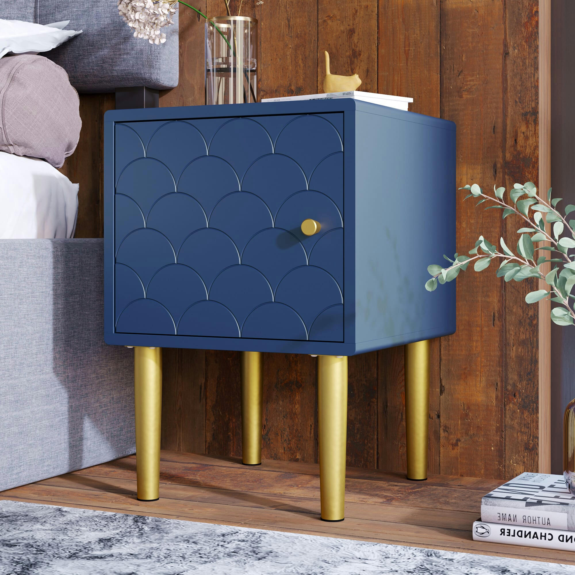 - Table de chevet 1 porte battante bleu marine pies dorés
