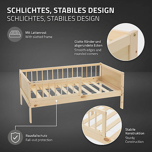 Lit d'enfant ML-Design 70x140 cm simple naturel en bois de pin avec sommier à lattes sans matelas