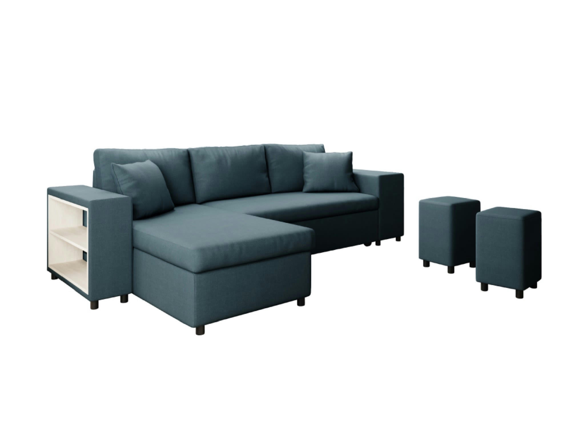 MADY - Canapé d'angle convertible bleu avec rangement poufs à droite