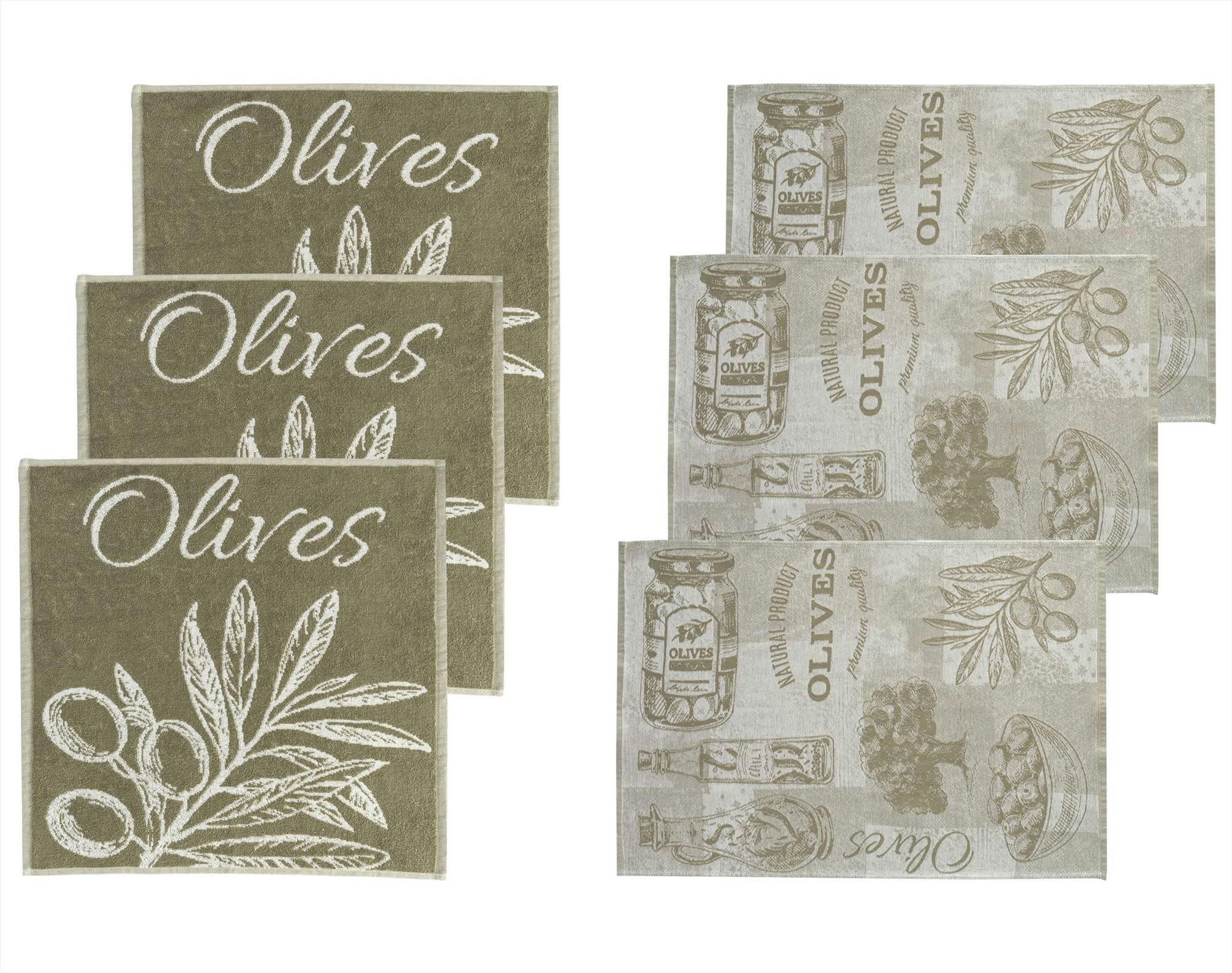 OLIVIANE - Lot de 6 lot torchons + essuie-mains 50x70 vert kaki en coton 400 g/m²