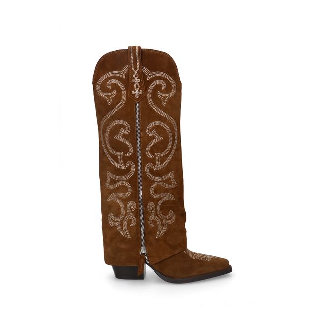 Taupe suède cowboylaarzen met witte sierstiksels