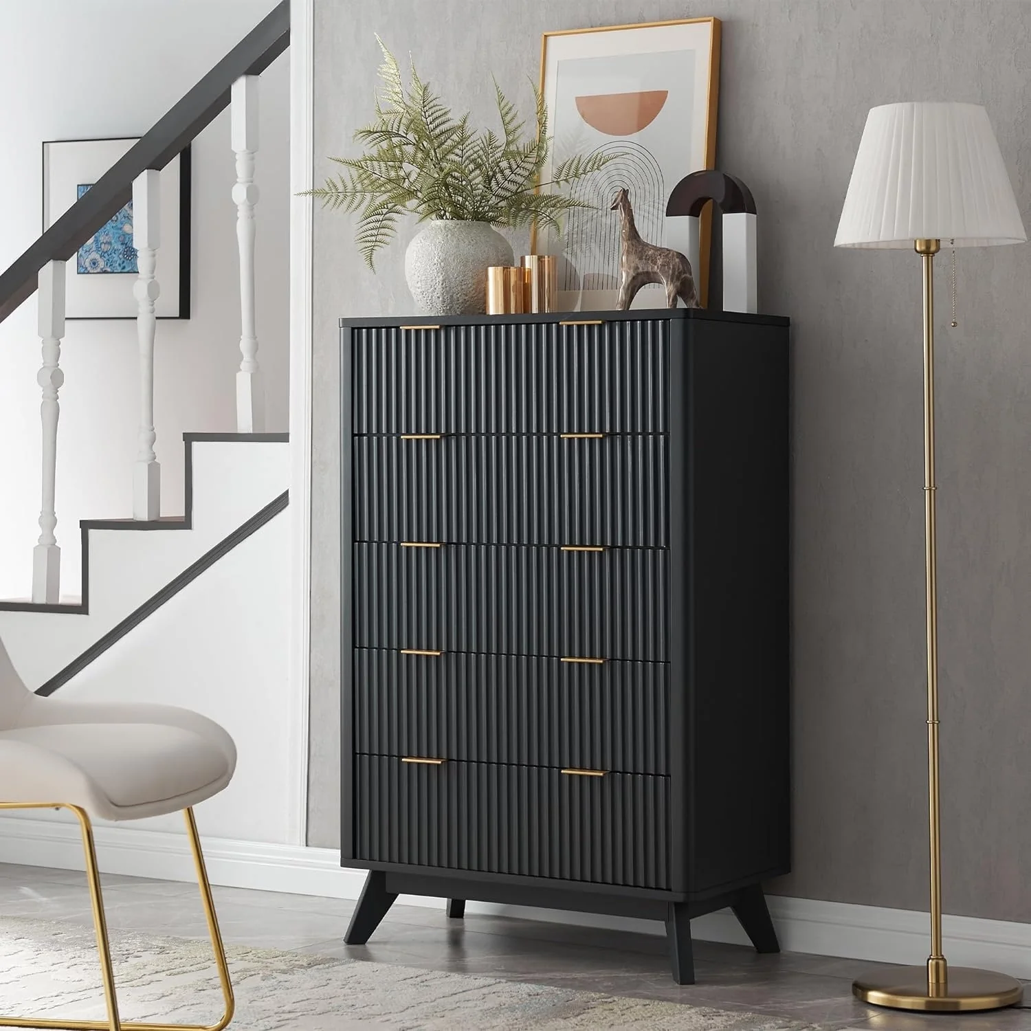 Modern Fluted 5 Drawers Dresser, Chest of Drawers, Dresser TV Stand