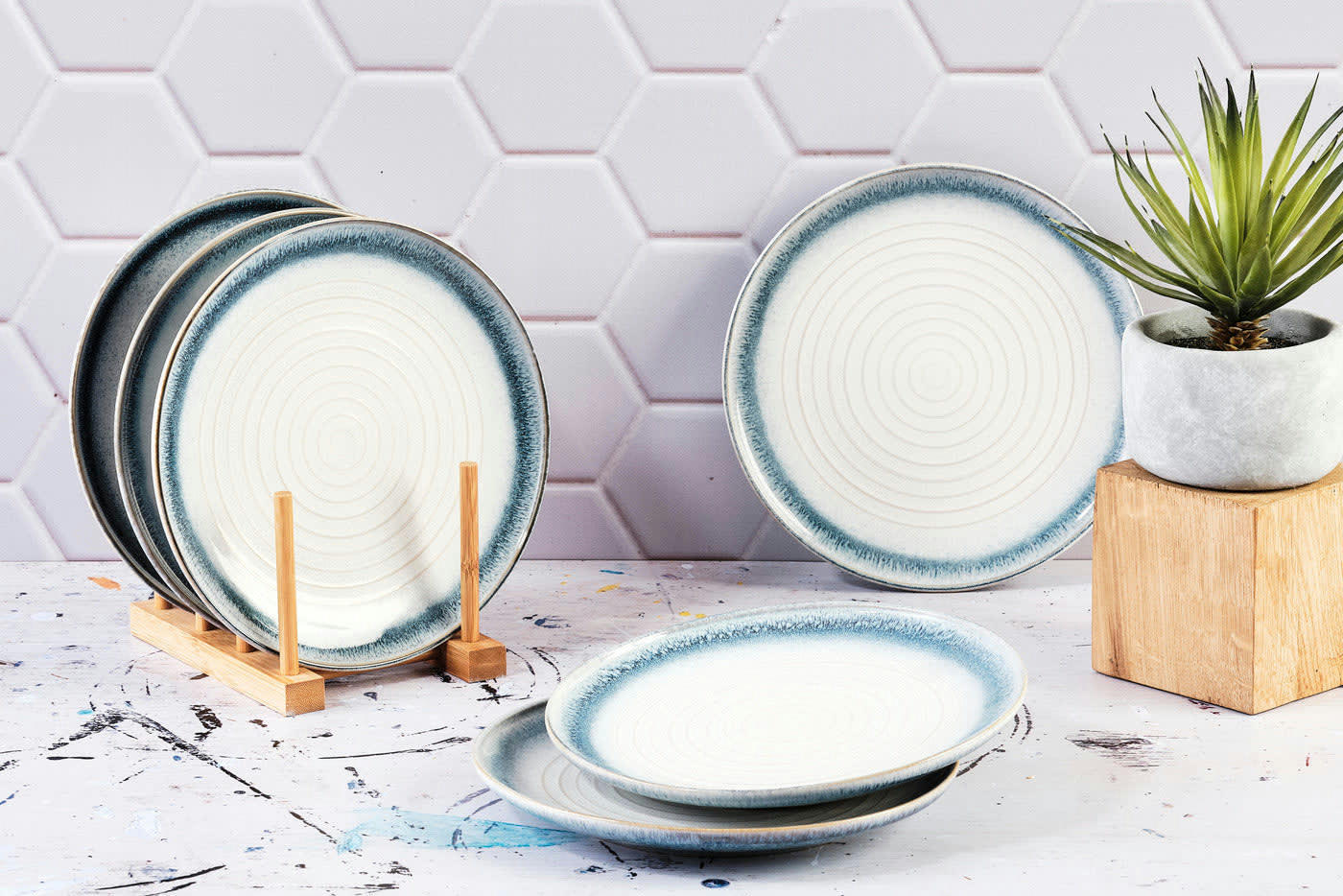 COSMOS - Lot de 6 assiettes à dessert en grès bleu D21,5