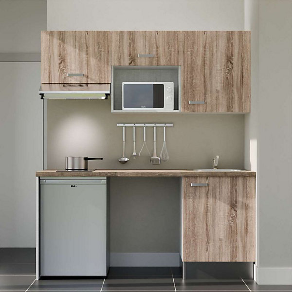 Kitchenette K55 façades Bois - Plan de travail Bois - Crédences : Non - Evier inox - Electroménager Inox inclus