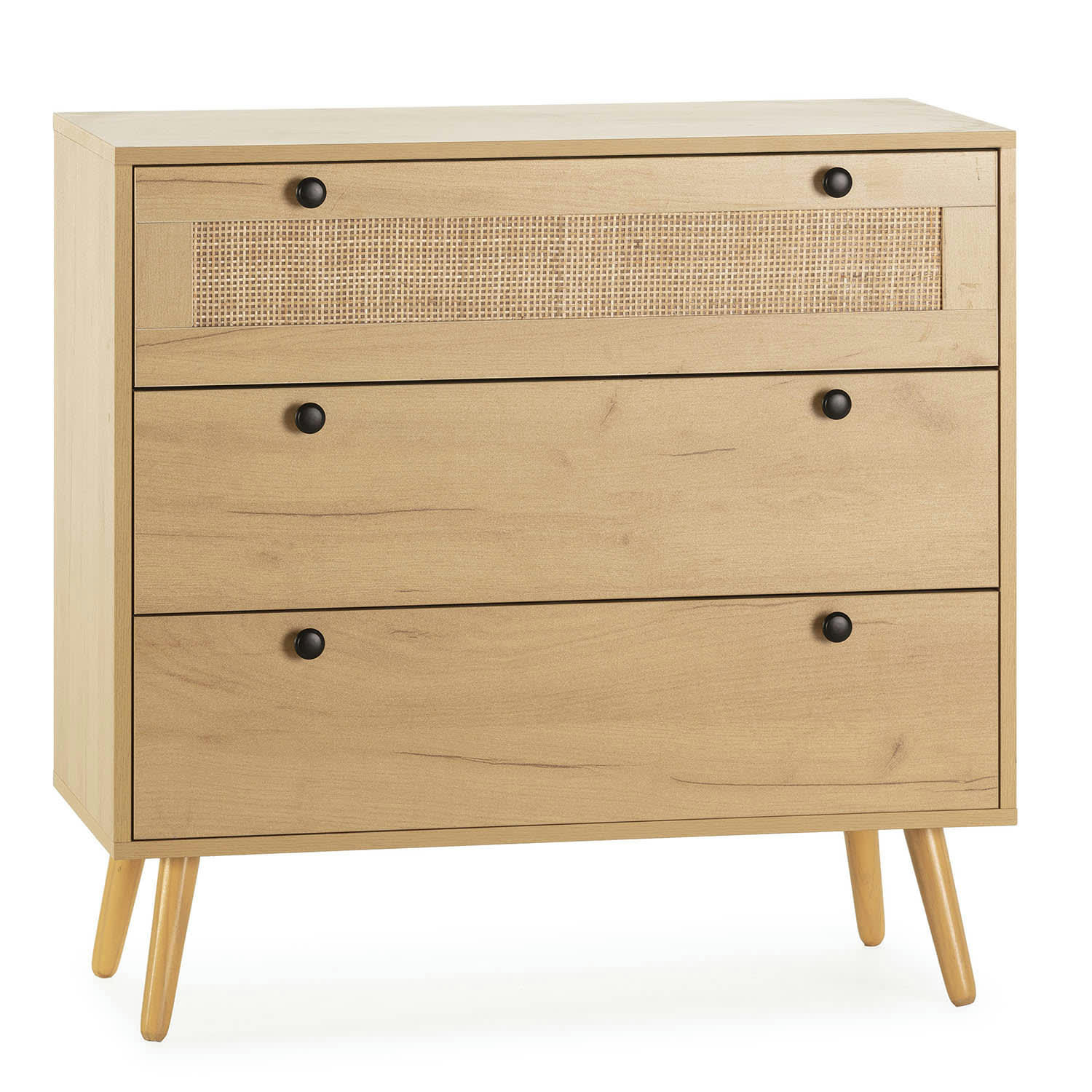 BELLA - Commode nuit 3 tiroirs couleur chêne avec rotin naturel