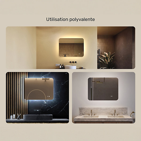 Miroir LED Salle de Bain - ARTFORMA - Forme arrondie - 80x60cm - LED Dual   interrupteur tactile   anti-buée